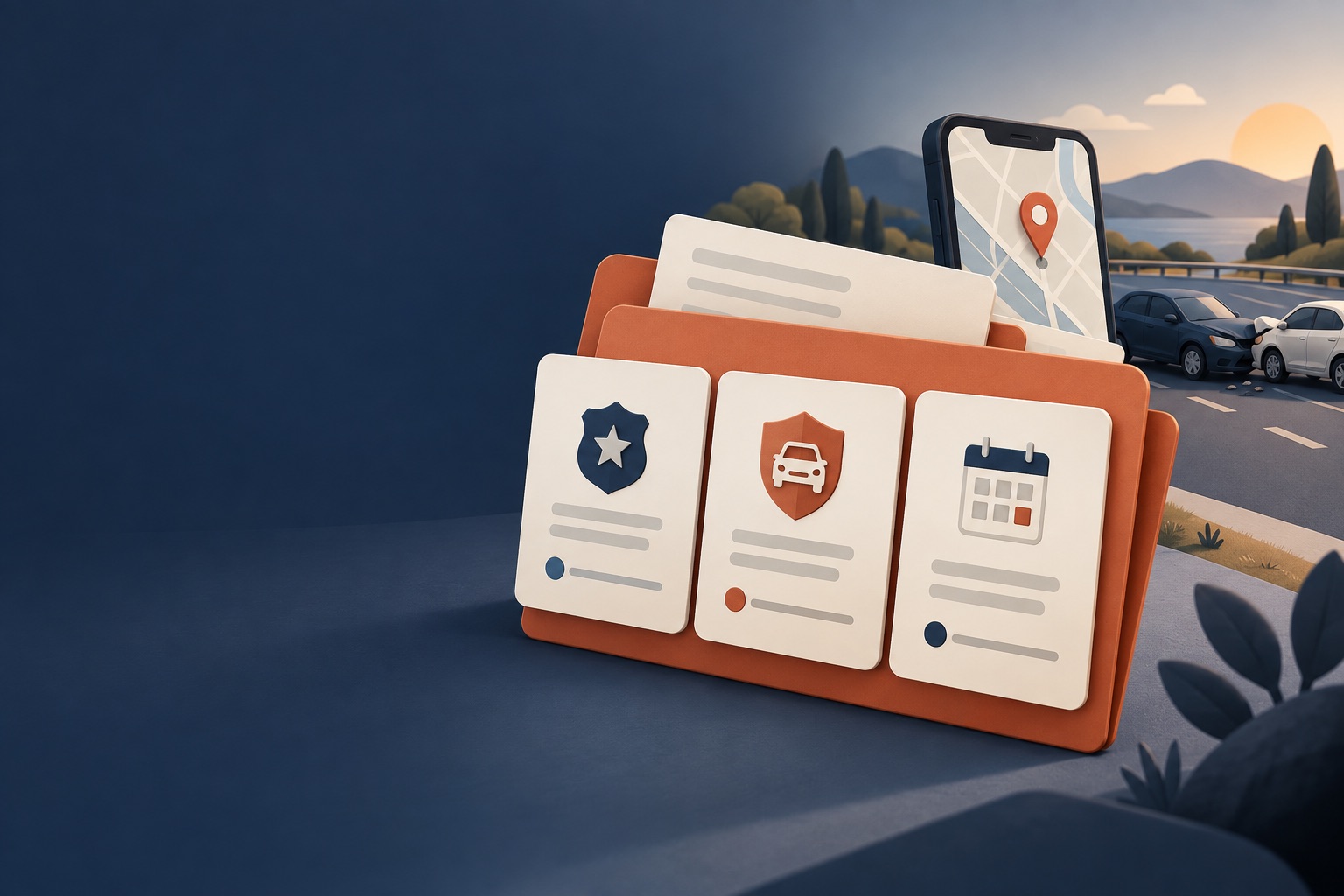 A claim folder holding cards for the police report, insurance and deadlines, with a phone map and a two car crash on a highway at dusk